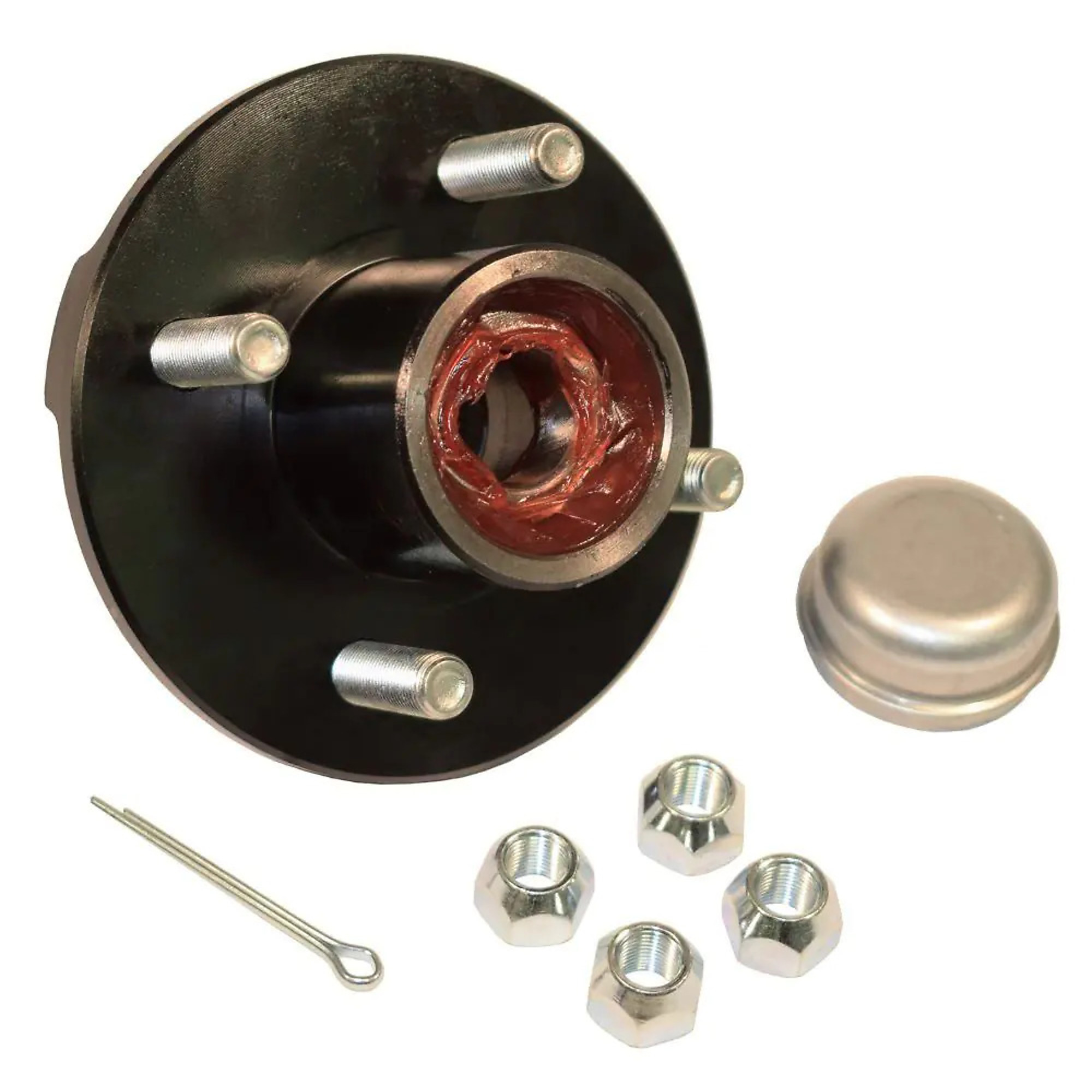 Rigid Hitch, Pre-Greased 4-Bolt Hub Assembly, 4 On 4 Inch Bolt Circle, 1250lb Capacity for 1 inch Straight Spindles, Model# RHI-100-PG